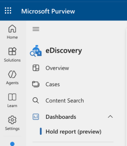 Screenshot of Purview eDiscovery left-hand menu with Hold Reports