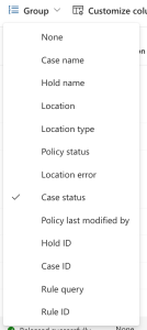 Screenshot showing the options on grouping the hold report