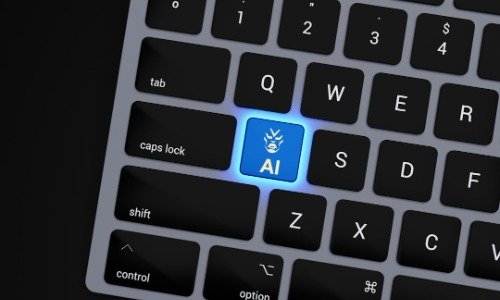 Keyboard with black keys, with one key highlighted in blue light that says "AI"