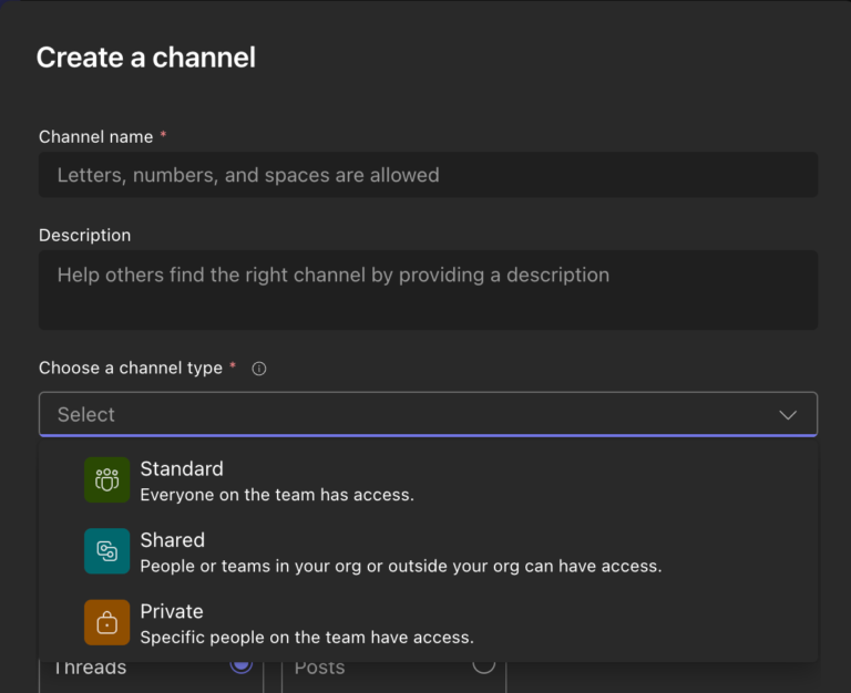Screen capture showing the channel types that can be created