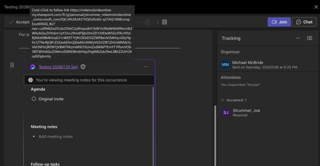 Screenshot of a new Teams meeting invite with an agenda - the first line of the agenda reads "Original Invite"