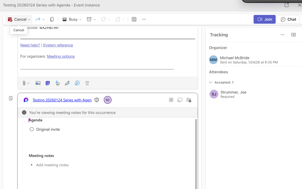 Agenda in the new Teams invite as viewed by the recipient. 