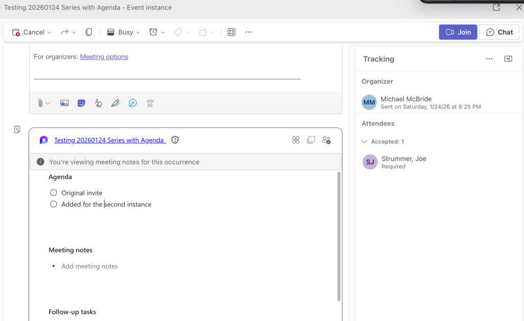 Event in the series where the item Added to the second occurrence is in the agenda. 