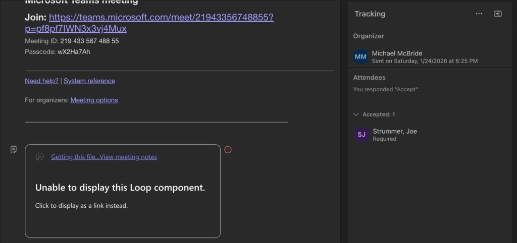 Invitee unable to access the edited agenda in the Teams calendar. 