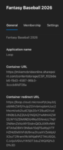 Screenshot showing the URL and Redirect URL of a Loop Workspace named Fantasy BaseBall 2026