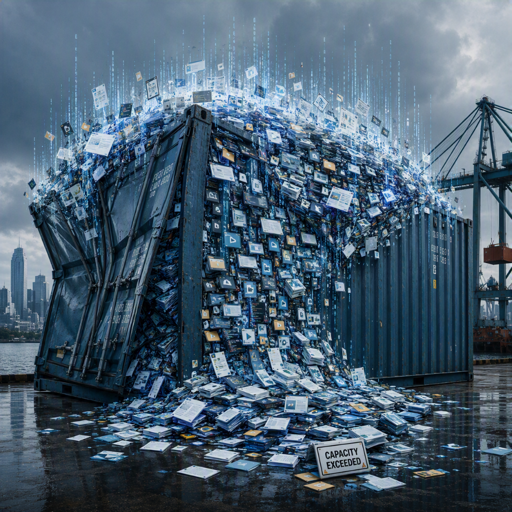 AI Generated image of a Container with items overflowing and the words Capacity Exceeded on a screen.